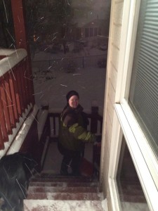 Barb shoveling the deck
