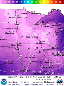 Wind Chill Forecast at 6am Monday 1/6, Made on Friday 1/3 ApparentT21_uppermissvly